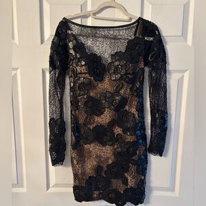 Tarik Ediz Black and Nude Floral Lace Dress